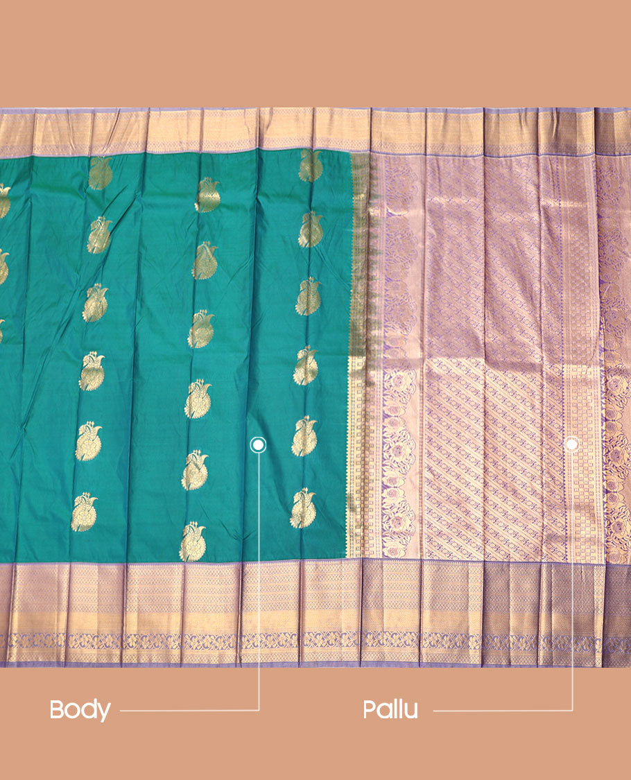 Green Budget Silk Saree, Enriched with Zari Buttas, Complemented by Contrast Traditional Zari Border, a Grand Pallu and a Contrast Blouse