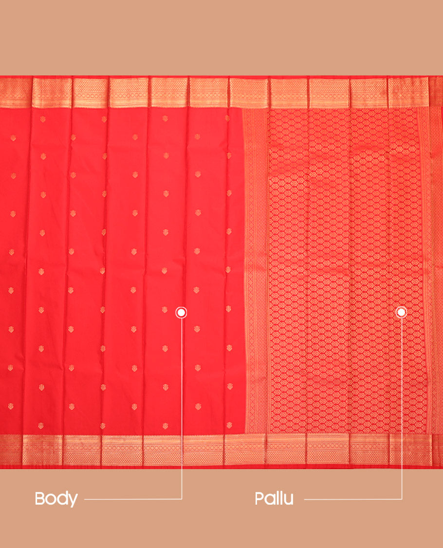 Red Budget Silk Saree, Spotlighted with Zari Buttas, Highlighted by a Traditional Zari Border, Intricate Pallu, and a Matching Blouse