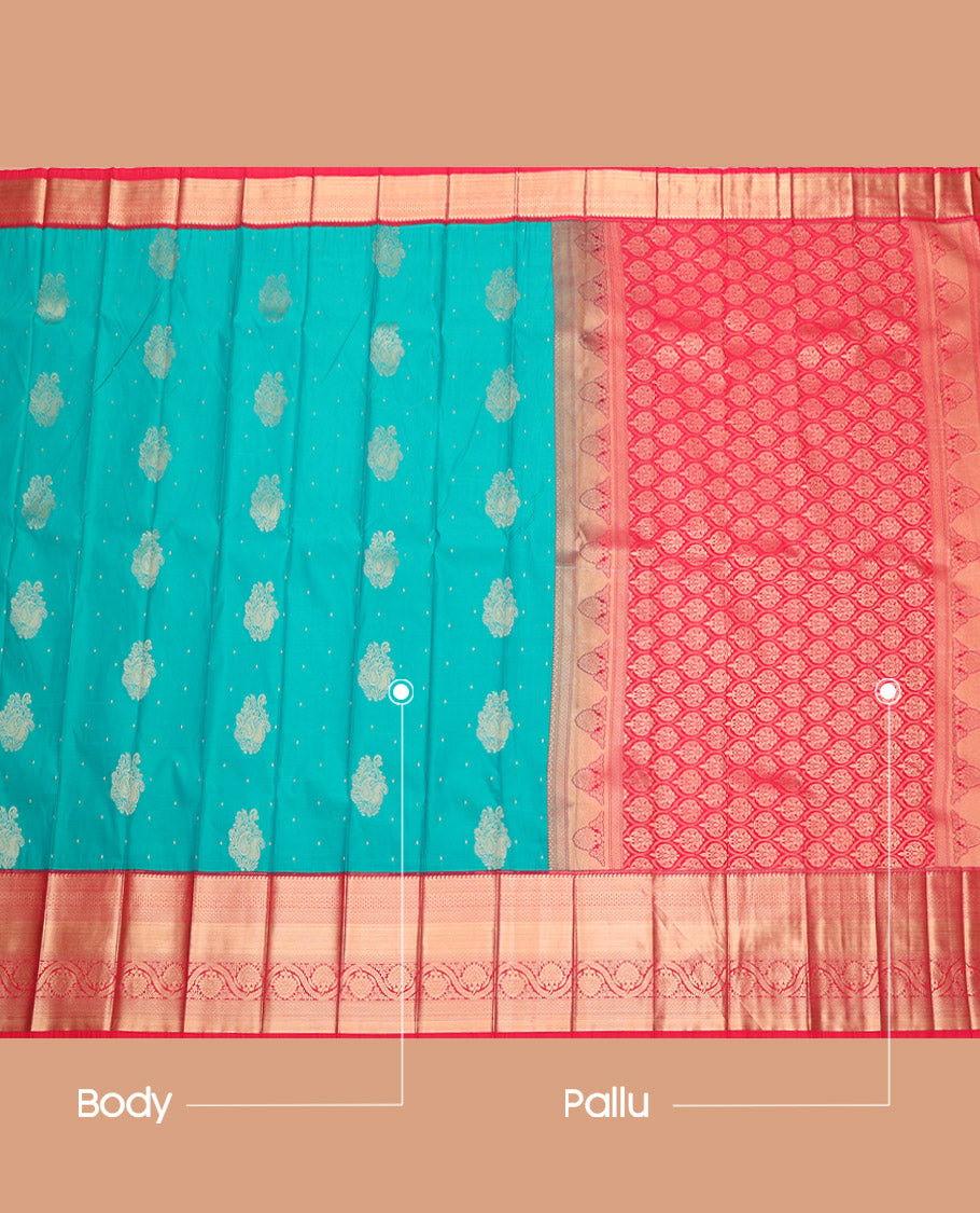 Blue Budget Silk Saree, Crafted with Zari Buttas, Complemented by a Contrast Traditional Zari Border, Grand Pallu, and a Contrast Blouse