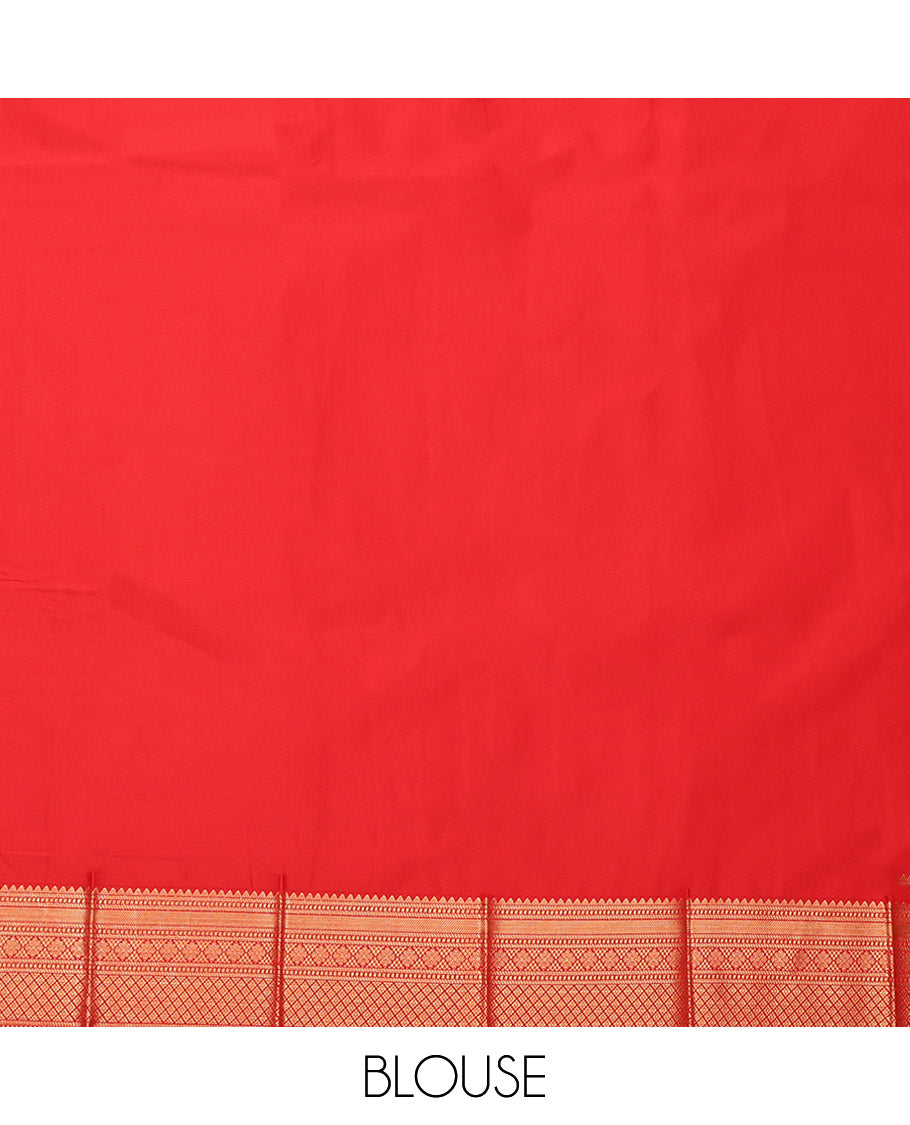 Red Budget Silk Saree, Spotlighted with Zari Buttas, Highlighted by a Traditional Zari Border, Intricate Pallu, and a Matching Blouse