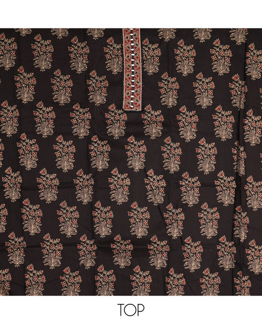 Black Material Chudidar Set, Spotlighted with Floral Printed Cotton Top, a Plain Cotton Bottom, and Paired with a Ajrakh Printed Cotton Dupatta