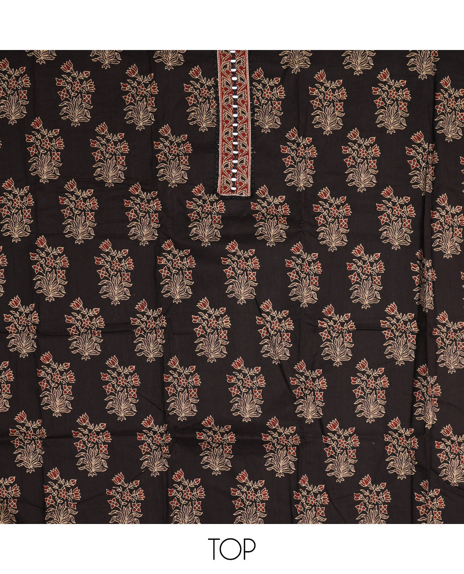 Black Material Chudidar Set, Spotlighted with Floral Printed Cotton Top, a Plain Cotton Bottom, and Paired with a Ajrakh Printed Cotton Dupatta