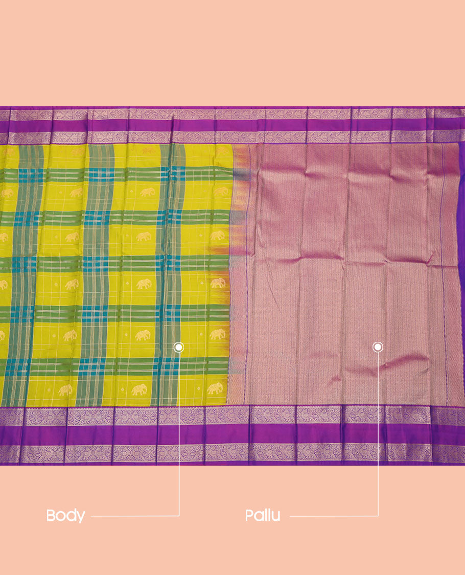 Peacock Green-Blue Checked Budget Silksaree Features Elephant Motifs, Contrast Rettaipettu Border, Contrast Blouse