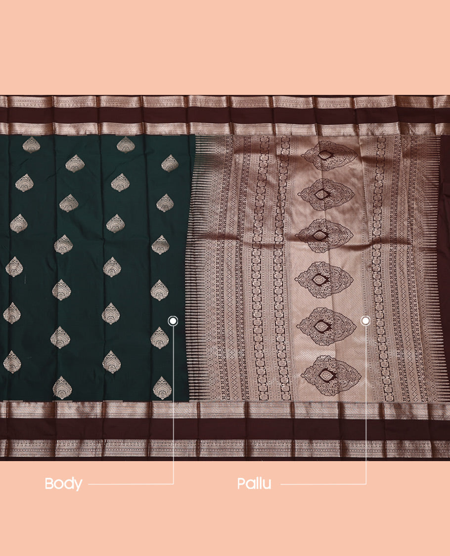 Green Budget Silk Saree, Accentuated with Zari Buttas All Over Its Body, Complemented by a Contrast Traditional Zari Design Rettai Pettu Border, Intricate Pallu, and Paired with a Contrast Blouse