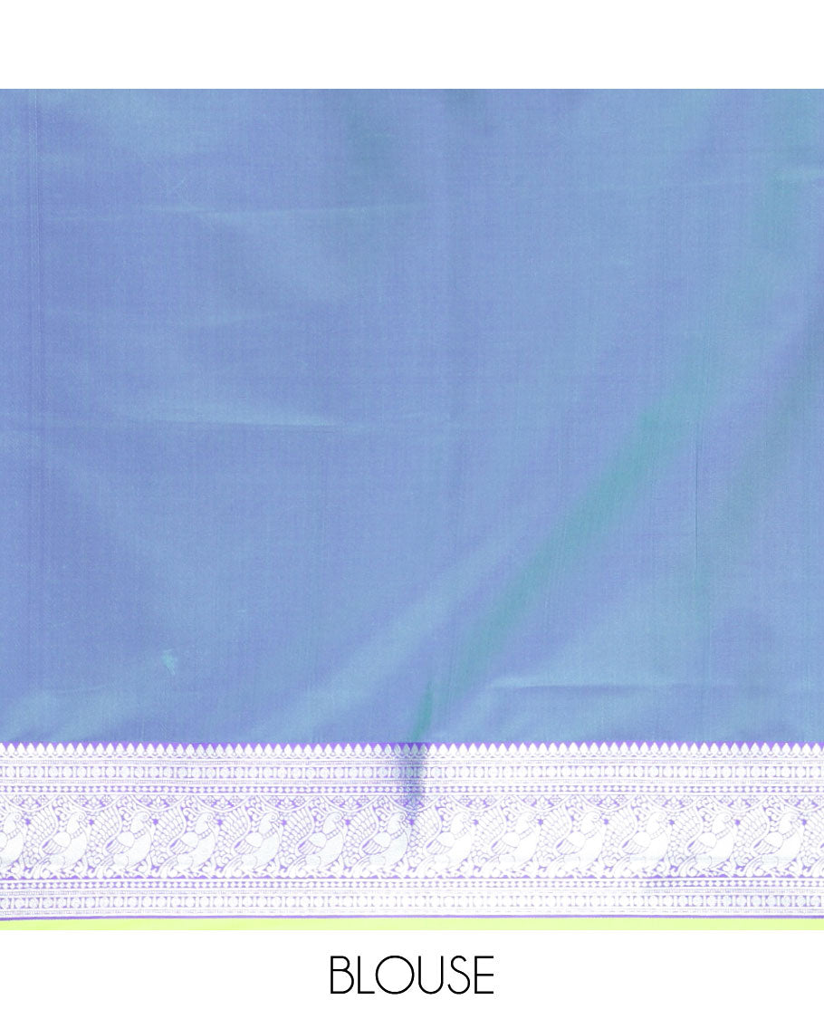 Green kolam design semi soft silk with zari double pet border & peacock design, rich pallu along with plain blouse