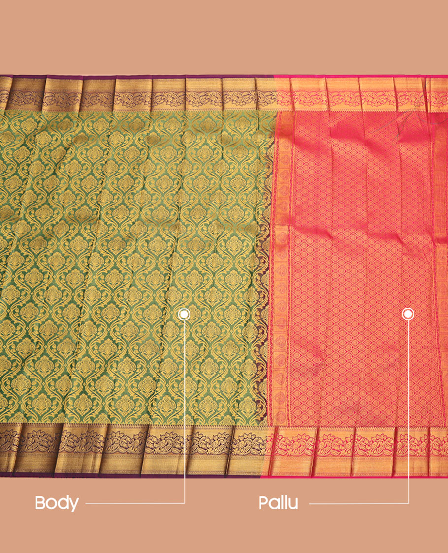 Green Budget Silk Saree, Mesmerized with Jacquard Design, Complemented by a Contrast Floral Creeper Zari Border, Jaal Pallu, and Contrast Blouse