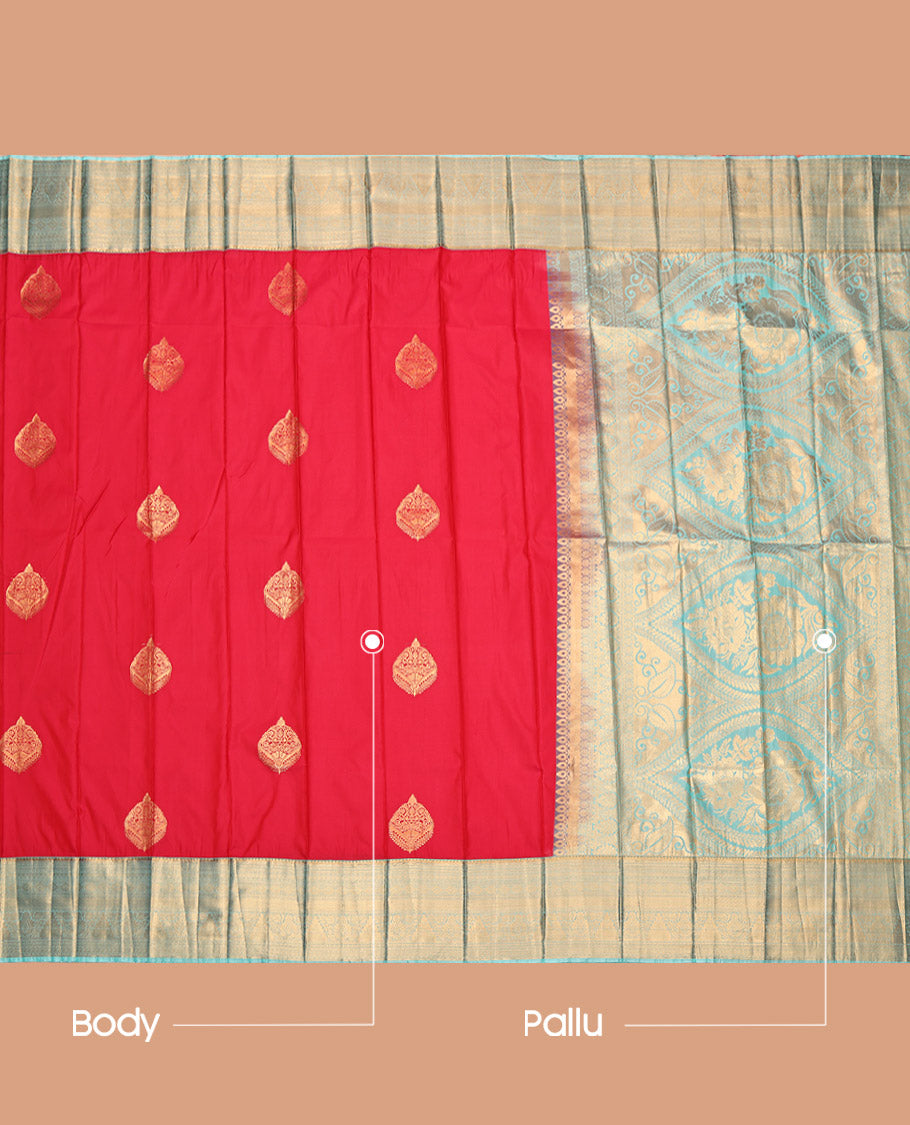 Red Budget Silk Saree, Opulently Embellished with Zari Buttas, Complemented by a Contrast Traditional Border, Grand Pallu, and a Contrast Blouse