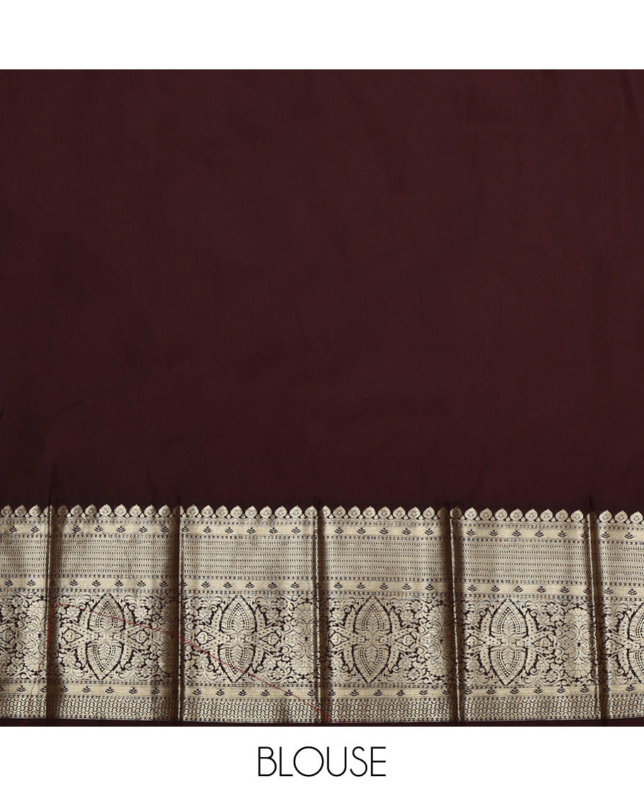 Maroon Budget Silk Saree, Spotlighted with Zari Buttas on Its Body, Complemented by a Contrast Traditional Zari Design Border, Pallu of Jaal Designs, and Paired with a Contrast Blouse