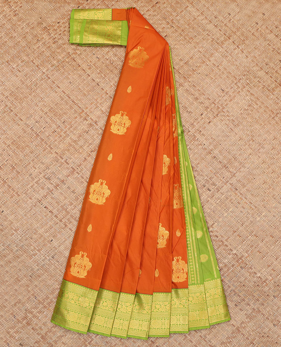 Mustard Budget Silk Saree, Detailed with Zari Buttas, Complemented by Contrast Traditional Zari Border, a Grand Pallu and a Contrast Blouse