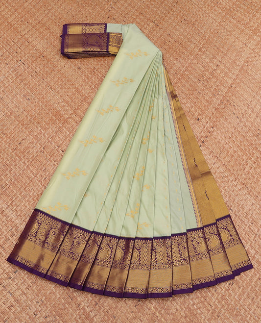 Pale Green Budget Silk Saree, Adorned with Zari Buttas, Complemented by a Contrast Traditional Zari Border, Grand Pallu, and a Contrast Blouse