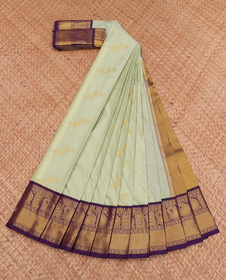 Pale Green Budget Silk Saree, Adorned with Zari Buttas, Complemented by a Contrast Traditional Zari Border, Grand Pallu, and a Contrast Blouse