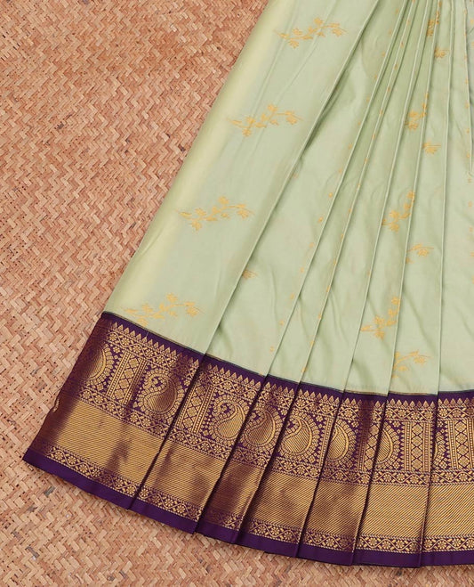 Pale Green Budget Silk Saree, Adorned with Zari Buttas, Complemented by a Contrast Traditional Zari Border, Grand Pallu, and a Contrast Blouse