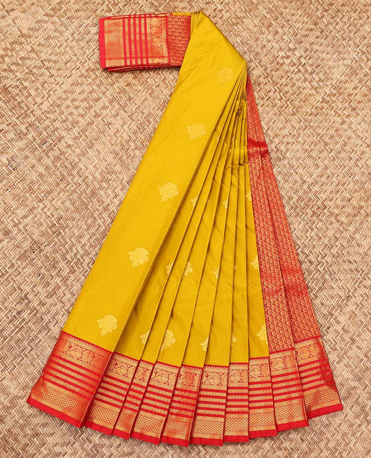 Yellow Budget Silk Saree, Sparsely Woven with Zari Buttas, a Contrast Traditional Zari Border, Grand Pallu, and a Contrast Blouse