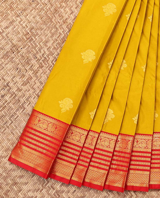 Yellow Budget Silk Saree, Sparsely Woven with Zari Buttas, a Contrast Traditional Zari Border, Grand Pallu, and a Contrast Blouse