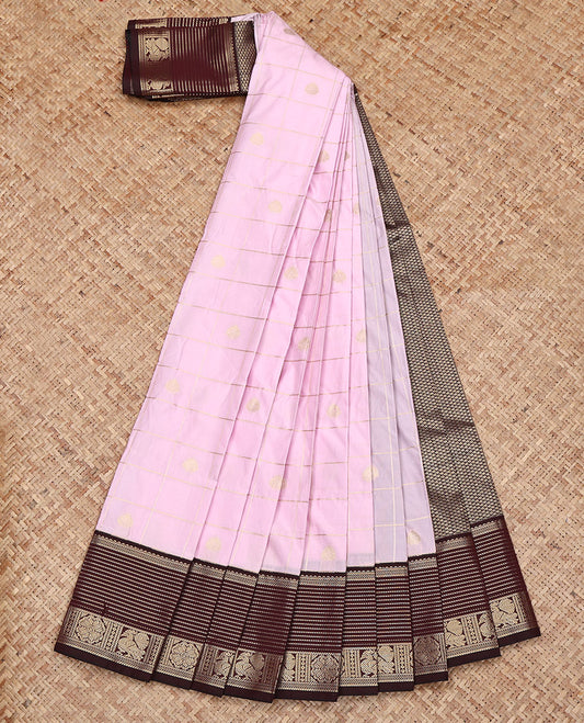 Baby Pink Budget Silk Saree, Embellished with Zari Butta Enclosed Checks on Its Body, Complemented by a Contrast Traditional Zari Design Border, Grand Jaal Pallu, and Paired with a Contrast Blouse