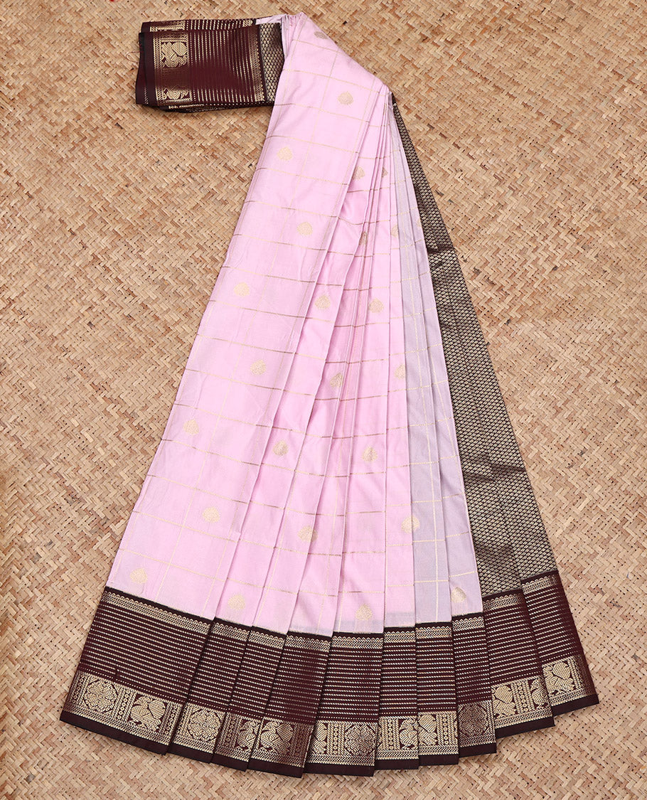 Baby Pink Budget Silk Saree, Embellished with Zari Butta Enclosed Checks on Its Body, Complemented by a Contrast Traditional Zari Design Border, Grand Jaal Pallu, and Paired with a Contrast Blouse