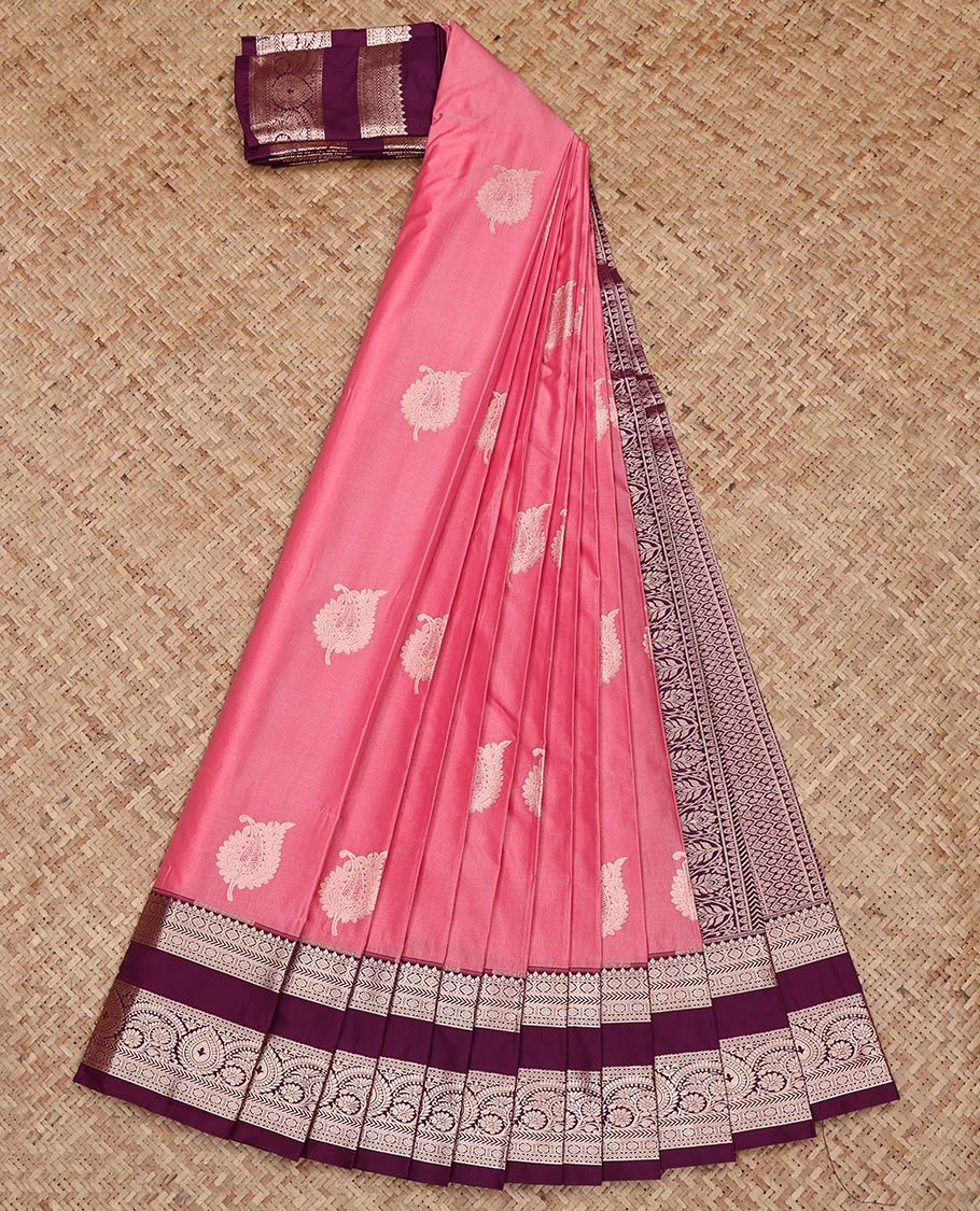 Pink Budget Silk Saree, Woven with Zari Buttas on Its Body, Complemented by a Contrast Traditional Zari Design Rettai Pettu Border, Intricately Designed Pallu, and Paired with a Contrast Blouse