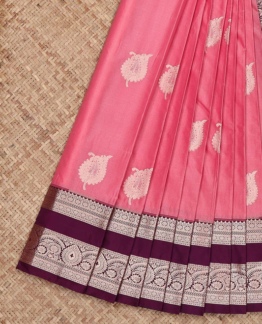 Pink Budget Silk Saree, Woven with Zari Buttas on Its Body, Complemented by a Contrast Traditional Zari Design Rettai Pettu Border, Intricately Designed Pallu, and Paired with a Contrast Blouse