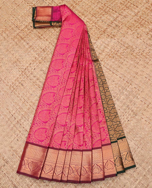 Pink Budget Silk Saree, Delicately Woven with Jacquard Design, Complemented by a Contrast Traditional Zari Border, an Intricate Pallu, and a Contrast Blouse