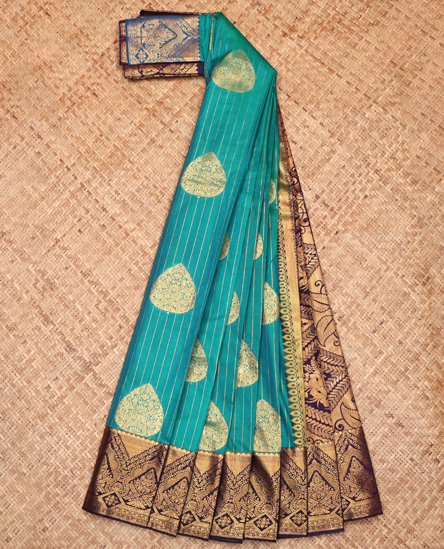 Peacock Blue Budget Silk Saree, Finely Crafted with Zari Buttas and Stripes, Complemented by a Contrast Traditional Border, Grand Pallu, and a Contrast Blouse