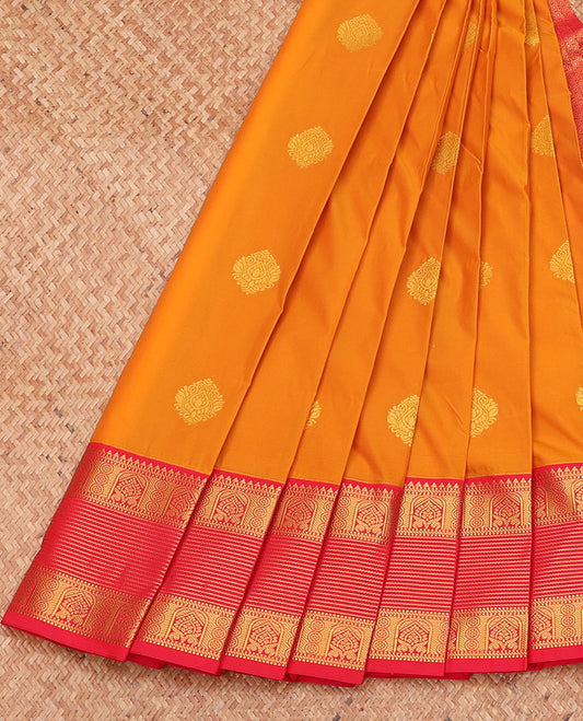Yellow Budget Silk Saree, Styled with Zari Buttas, Complemented by a Contrast Traditional Zari Border, Grand Pallu, and a Contrast Blouse