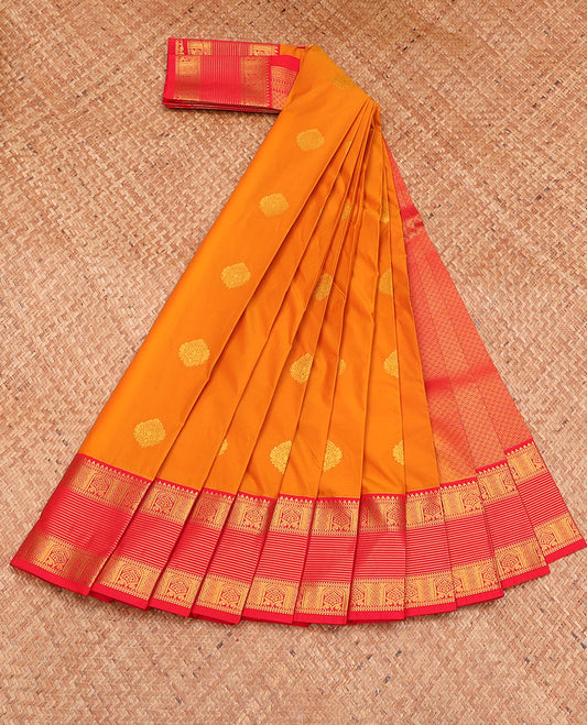 Yellow Budget Silk Saree, Styled with Zari Buttas, Complemented by a Contrast Traditional Zari Border, Grand Pallu, and a Contrast Blouse