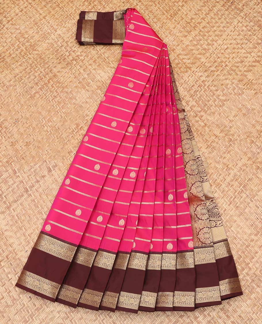 Pink Budget Silk Saree, Enthralled with Zari Buttas and Stripes, Complemented by Contrast Traditional Rettai Pettu Zari Border, a Grand Pallu and a Contrast Blouse