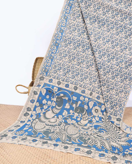Blue floral machine-printed kalamkari cotton saree, floral border & peacock pallu