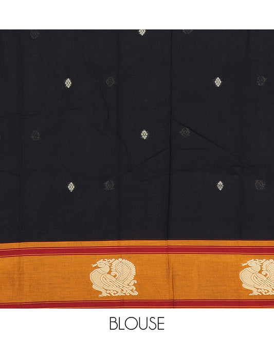 Black buttas Narayanpet cotton saree, contrast peacock design border & striped pallu