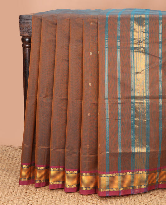 Brown zari buttas Venkatagiri cotton saree, contrast traditional zari border, and striped pallu