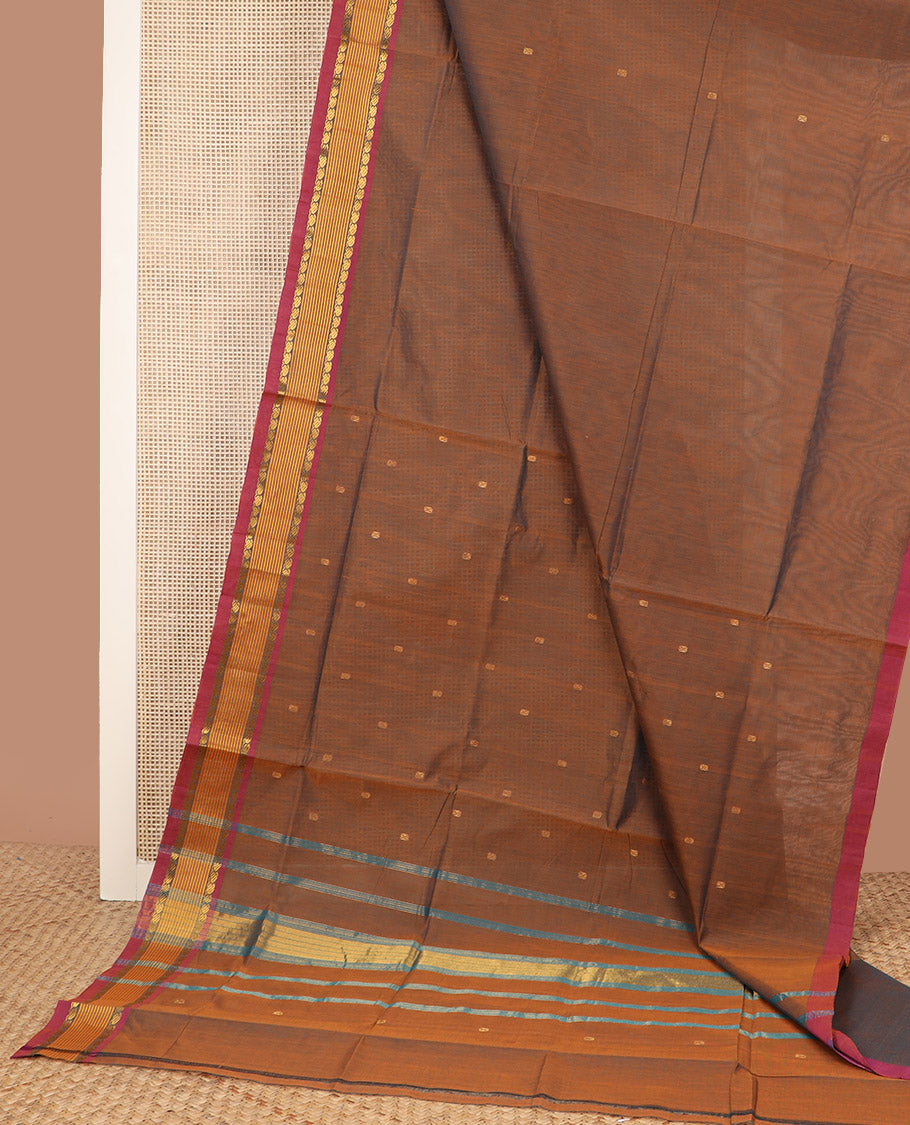 Brown zari buttas Venkatagiri cotton saree, contrast traditional zari border, and striped pallu