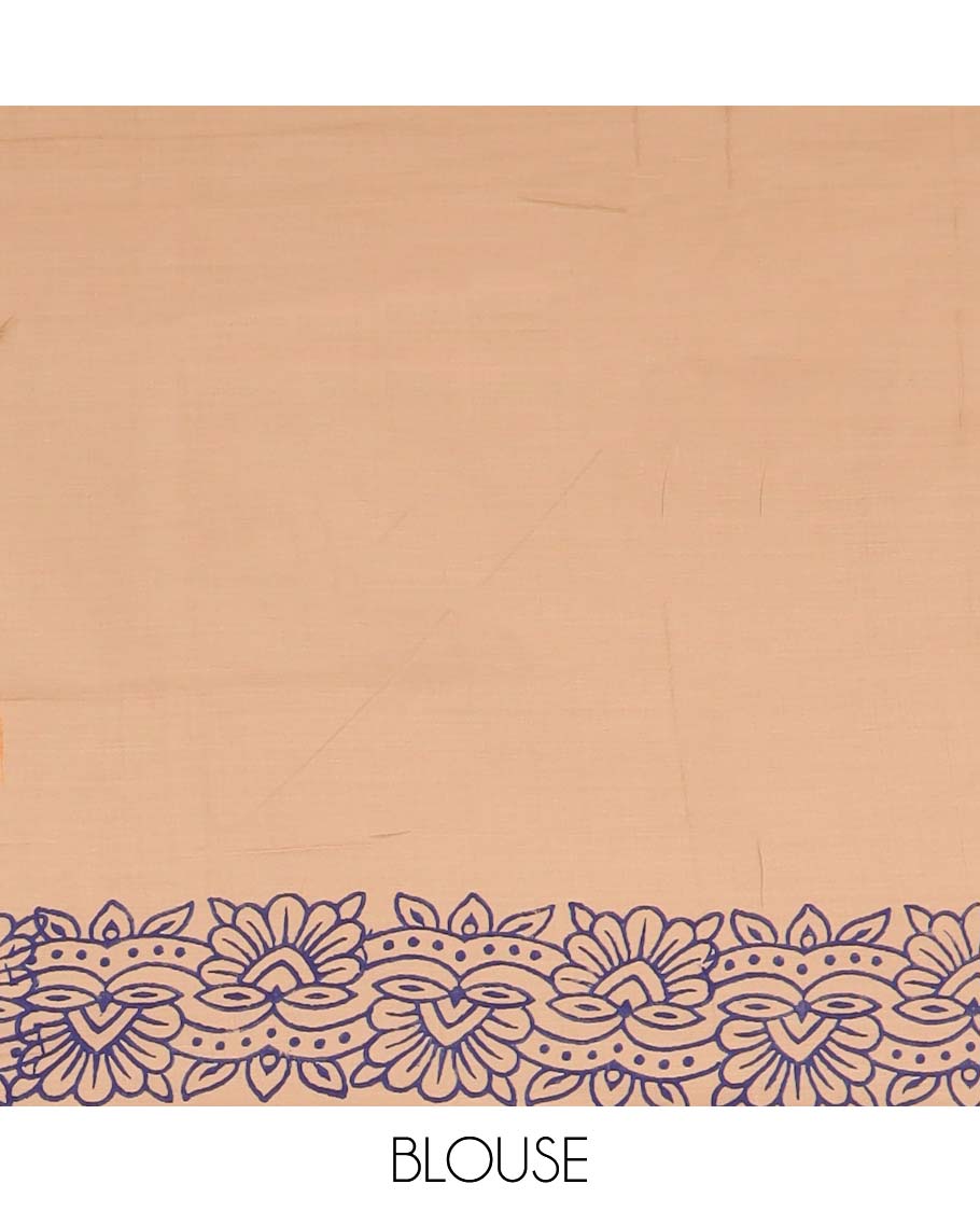 Borderless sandal floral and paisley motifs printed poly cotton saree, floral-triangle printed pallu