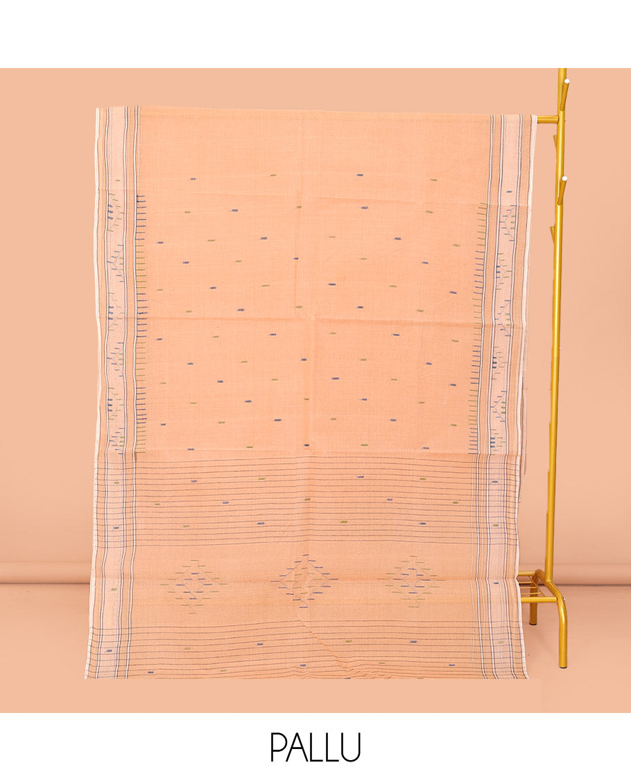 Light Orange Bengal Cotton Saree, Decorated with Thread Buttas, a Subtle Border, Pallu of Stripes and Buttas, and a Matching Blouse