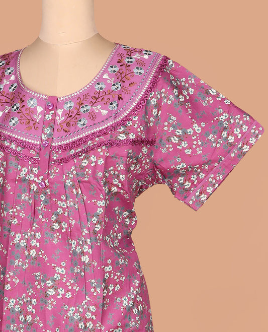 Purple floral vine printed with neck floral embroidered half-sleeve round neck cotton nighty