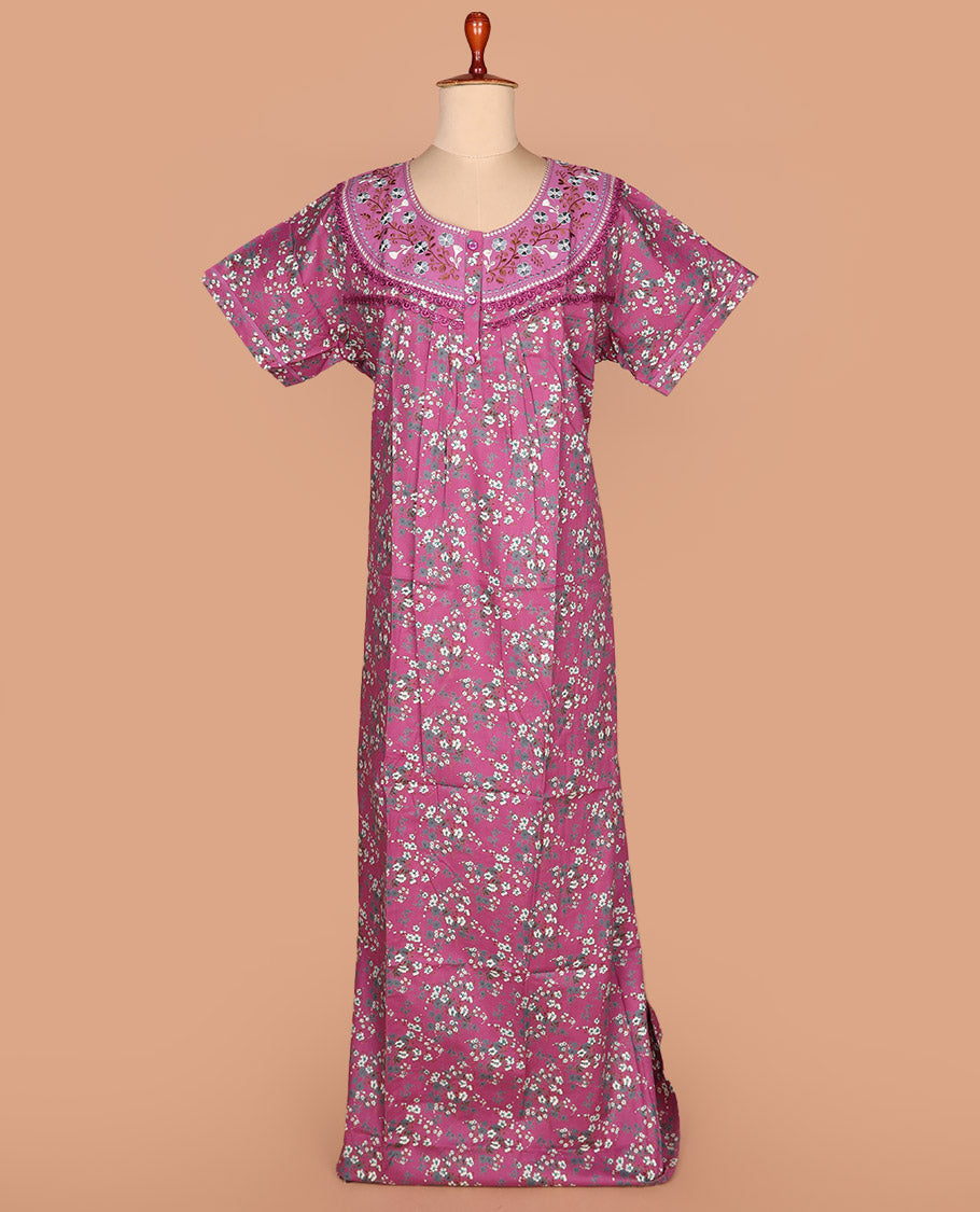 Purple floral vine printed with neck floral embroidered half-sleeve round neck cotton nighty