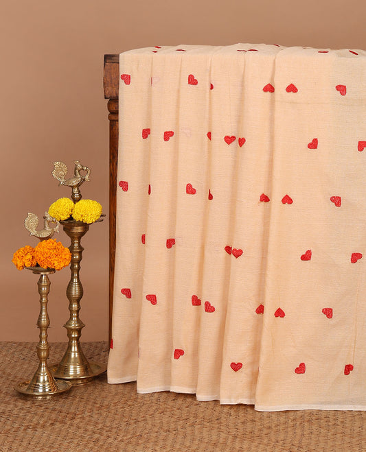 Borderless Cream heart thread embroidery jute cotton saree with self pallu & plain blouse