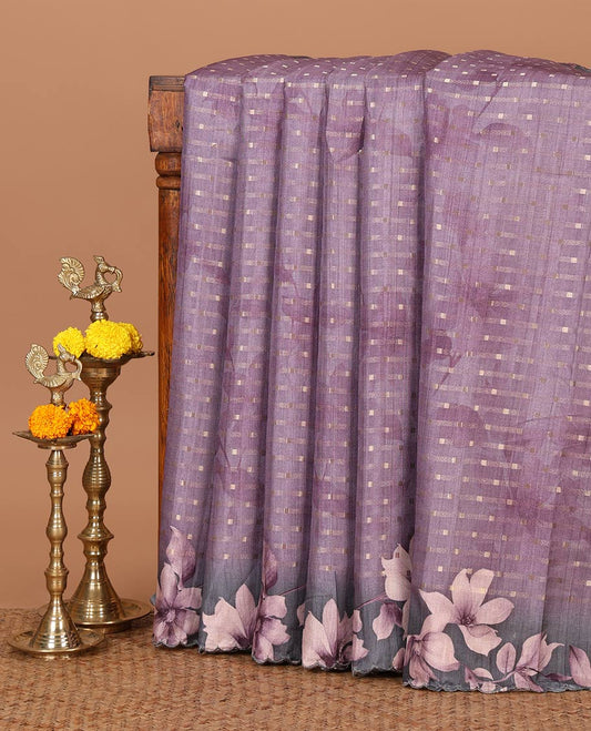 Onion pink zari dobby-style buttas semi-tusser saree, floral printed scallop border & pallu, blouse of zari & floral print