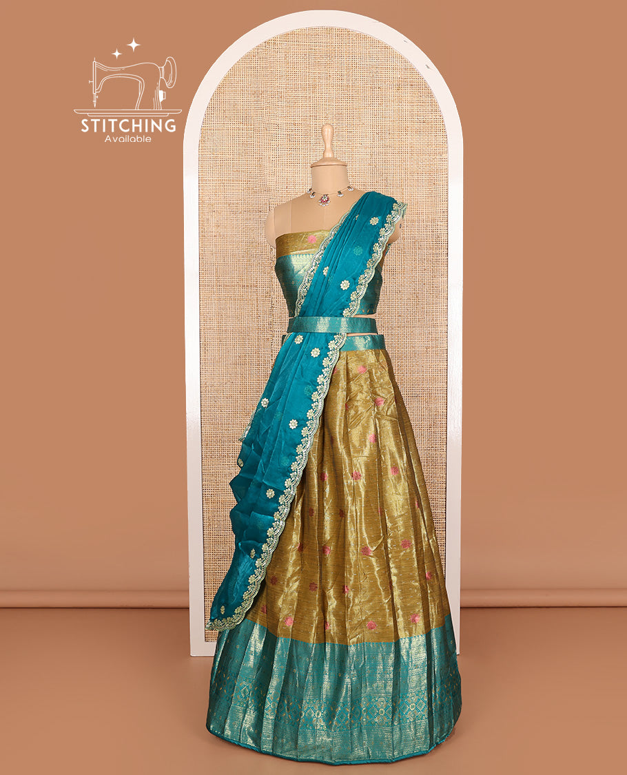 Green art silk half-saree, thread buttas woven with contrast traditional zari bordered skirt, matching blouse, and contrast scallop embroidered dhavani