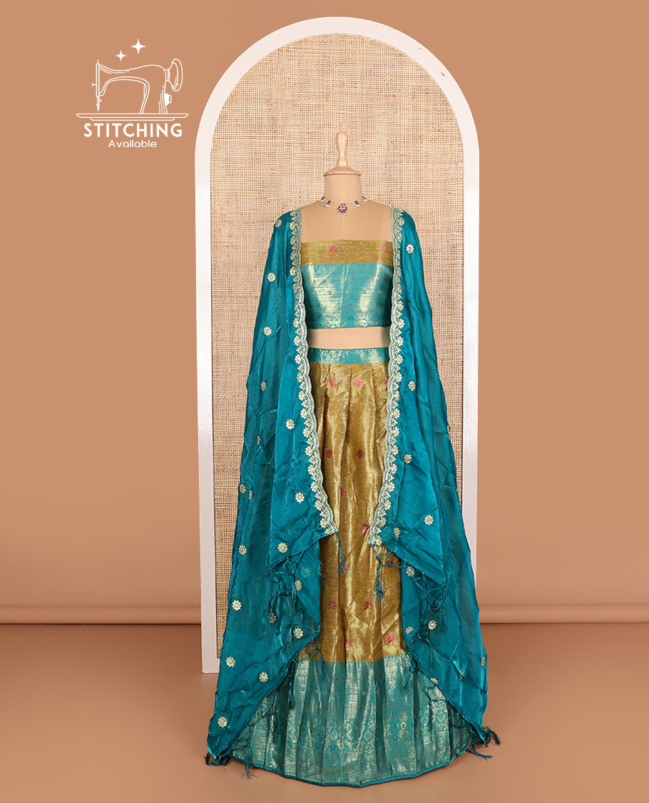 Green art silk half-saree, thread buttas woven with contrast traditional zari bordered skirt, matching blouse, and contrast scallop embroidered dhavani