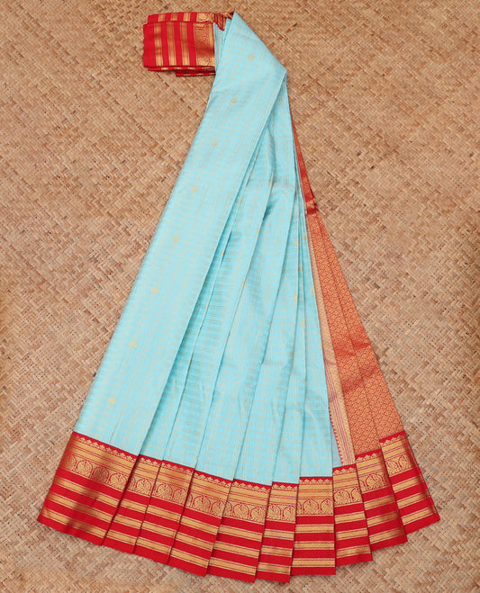 Blue Budget Silk Saree, Detailed with Zari Buttas and Checks, a Contrast Traditional Zari Border, Grand Pallu, and a Contrast Blouse