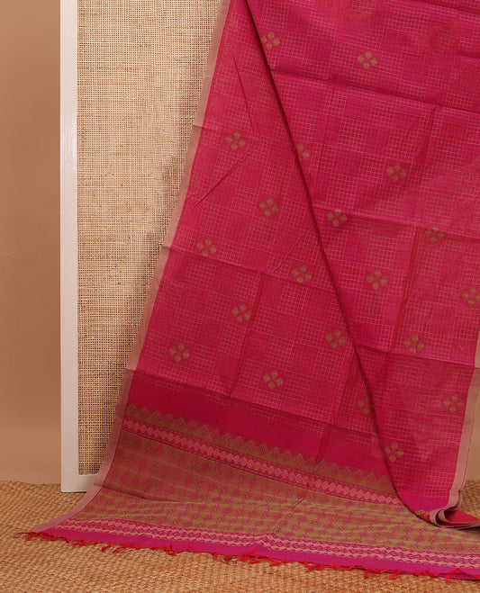 Dark pink checks & buttas Coimbatore cotton saree, contrast plain border & pallu of intricate designs