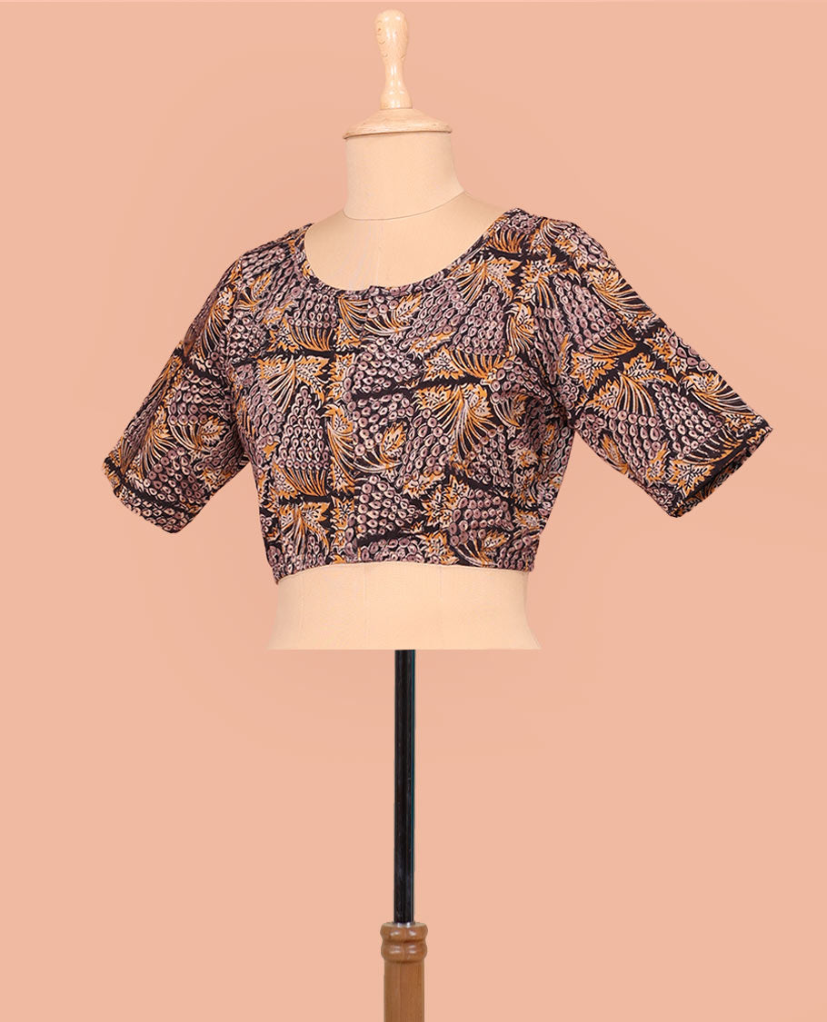 Light Black Cotton Readymade Bedecked with Flora and Geometric Design Print, Featuring a Front Round-Neck, a Back Round  Neck, and Elbow Sleeves