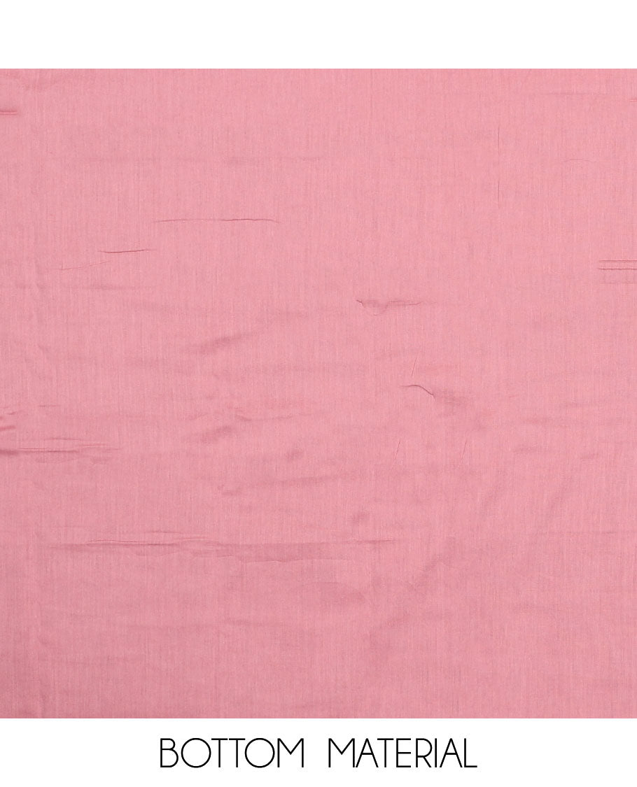 Pink material chudidar set, intricately printed with neck work top, plain bottom, and floral motifs embroidered dupatta