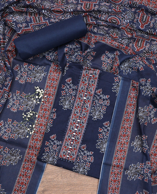 Blue  Material Chudidar Set, Spotlighted with Floral Printed Cotton Top, a Plain Cotton Bottom, and Paired with a Ajrakh Printed Cotton Dupatta