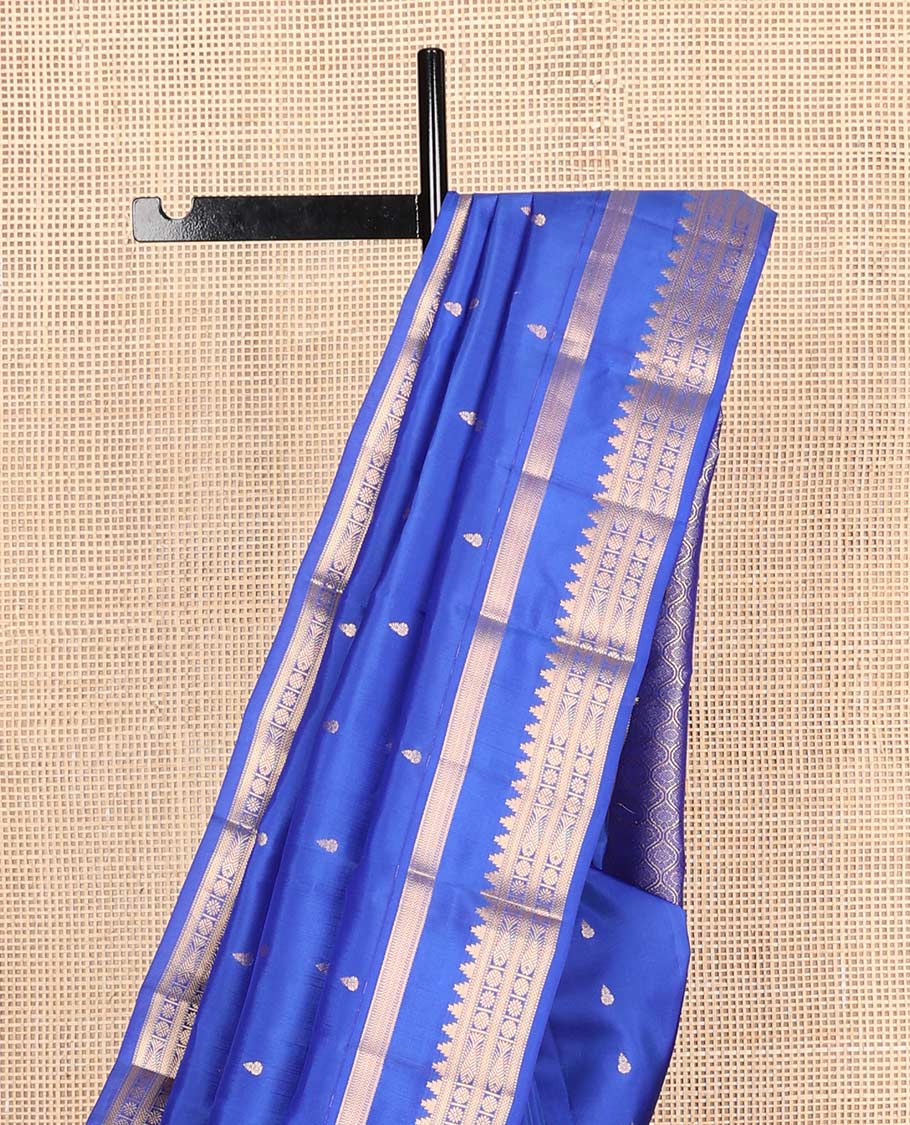 Blue zari buttas Vasundhara silk mix saree, rettai pettu border of vanki,thazampoo rekku,kuyil kann,rudraksham & meen designs & jaal pallu