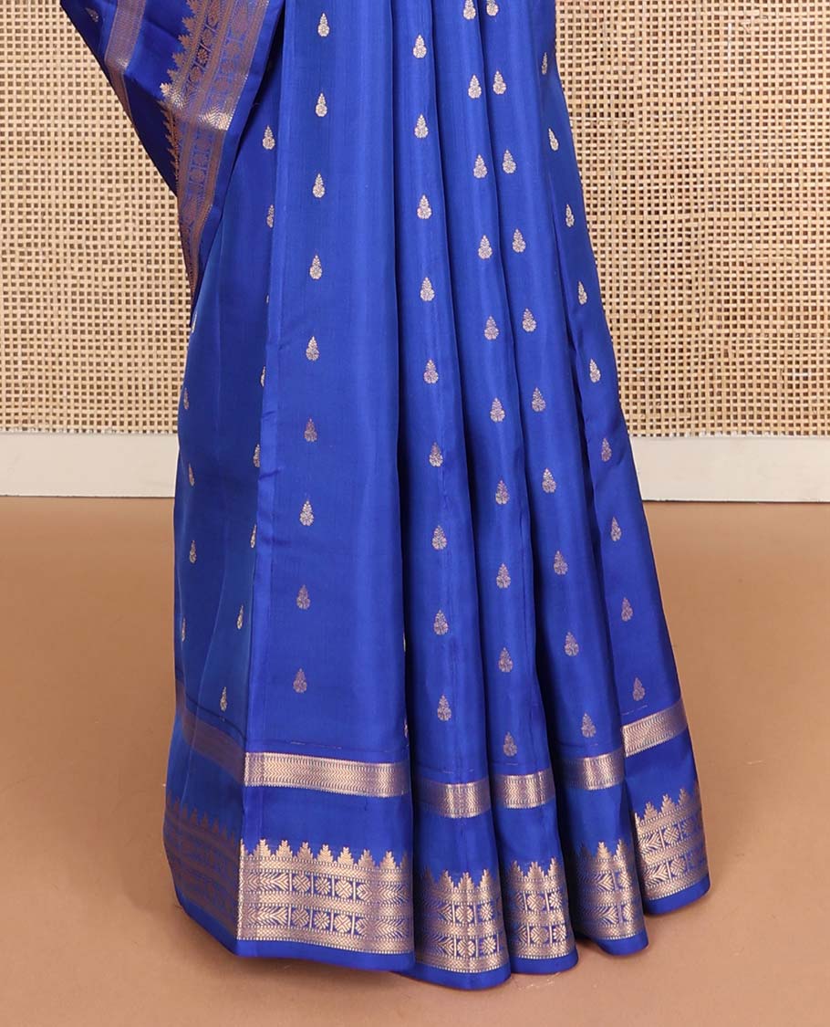Blue zari buttas Vasundhara silk mix saree, rettai pettu border of vanki,thazampoo rekku,kuyil kann,rudraksham & meen designs & jaal pallu