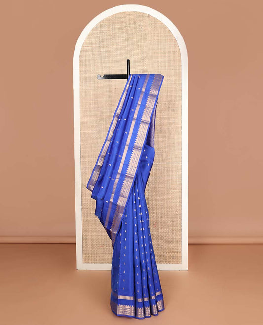 Blue zari buttas Vasundhara silk mix saree, rettai pettu border of vanki,thazampoo rekku,kuyil kann,rudraksham & meen designs & jaal pallu