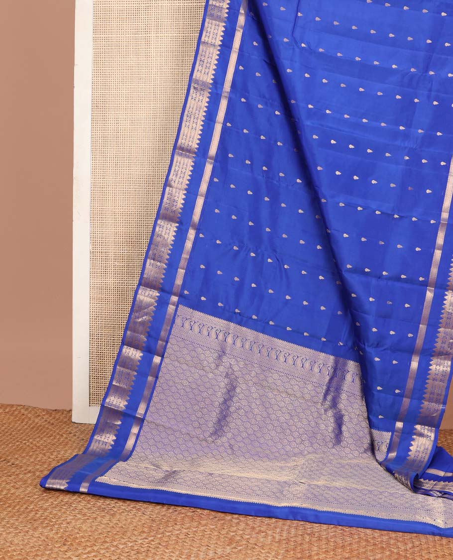 Blue zari buttas Vasundhara silk mix saree, rettai pettu border of vanki,thazampoo rekku,kuyil kann,rudraksham & meen designs & jaal pallu