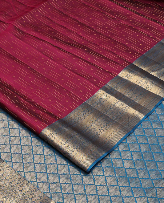 Maroon zari buttas Vasundhara silk mix, contrast border of diamond, kodi visiry, rudraksham, vanki, manga designs, and jaal pallu