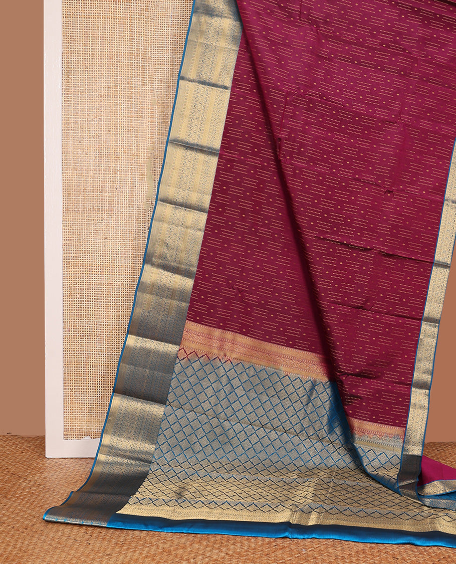 Maroon zari buttas Vasundhara silk mix, contrast border of diamond, kodi visiry, rudraksham, vanki, manga designs, and jaal pallu